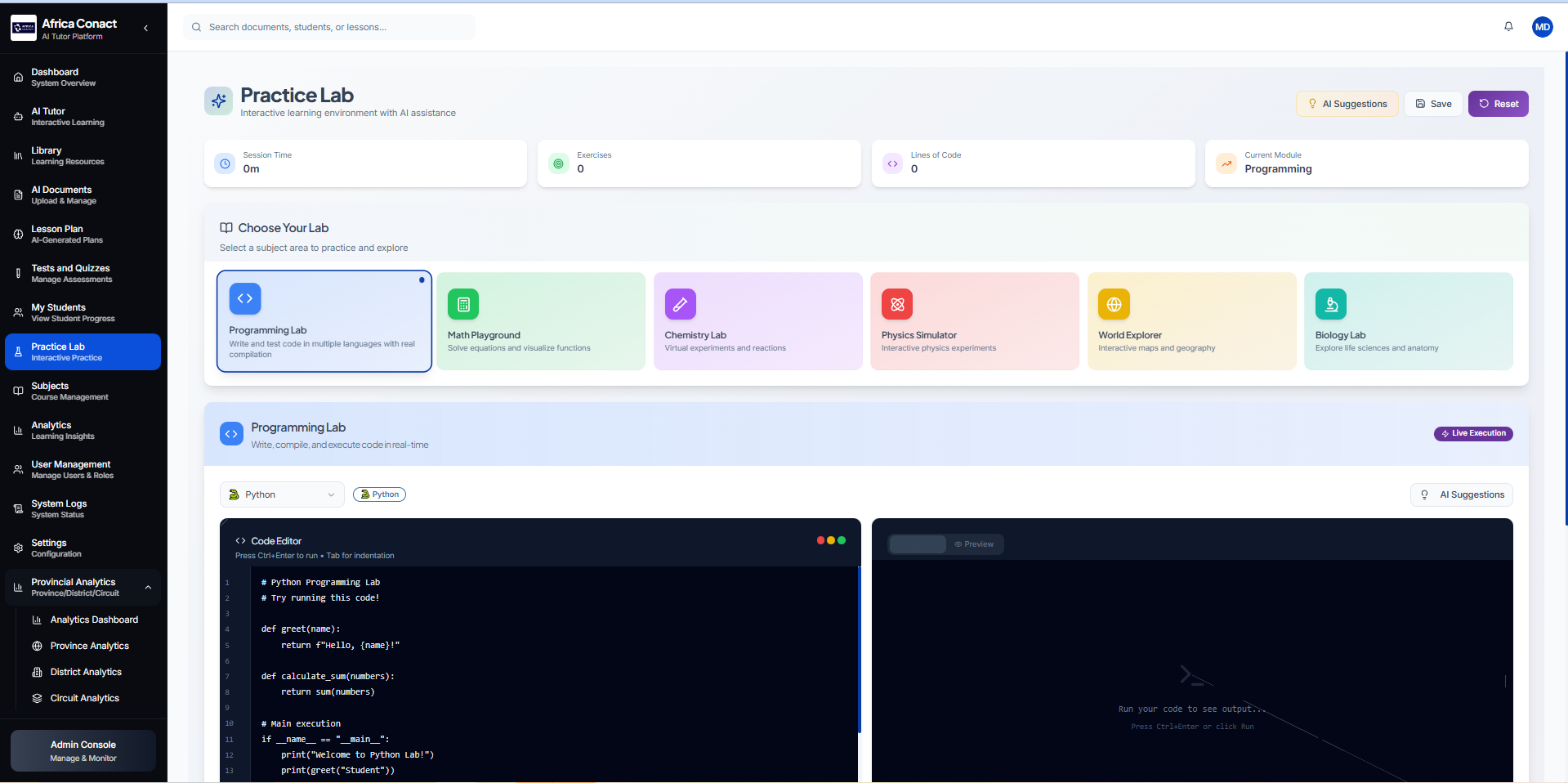 Africa Conact Practice Lab - Interactive coding environment with Python and multiple subject labs